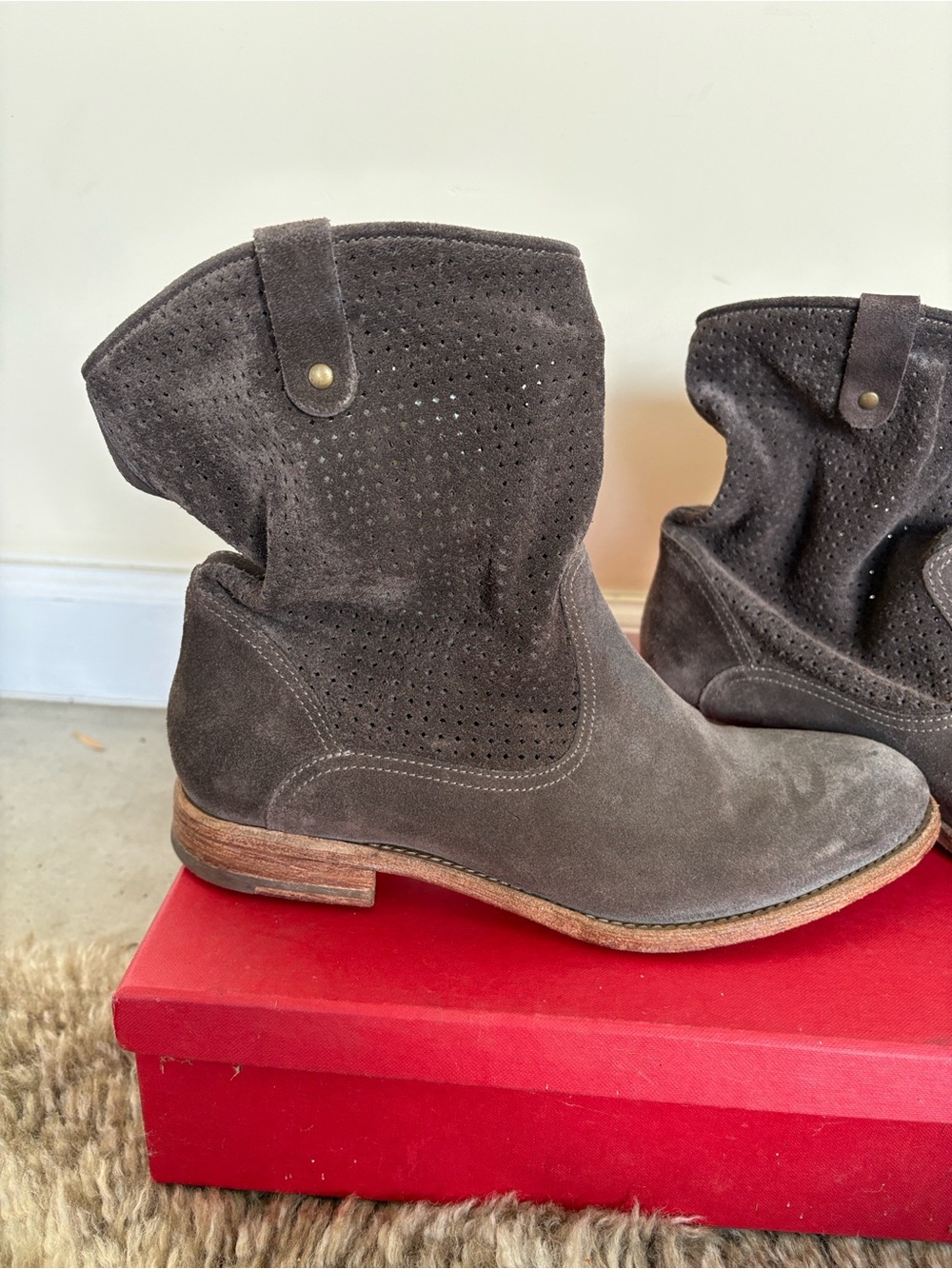 n.d.c. Brown Suede Perforated Ankle Booties handmade, Sz 39 or 9 US